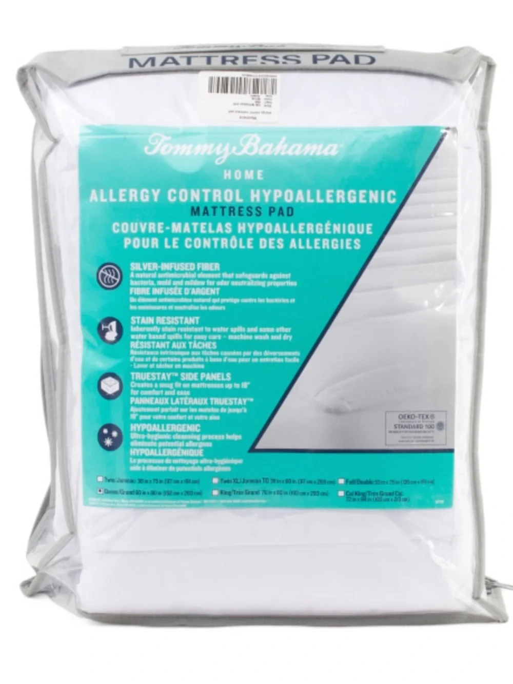 Tommy Bahama White Mattress Pad with Teal Accent Packaging